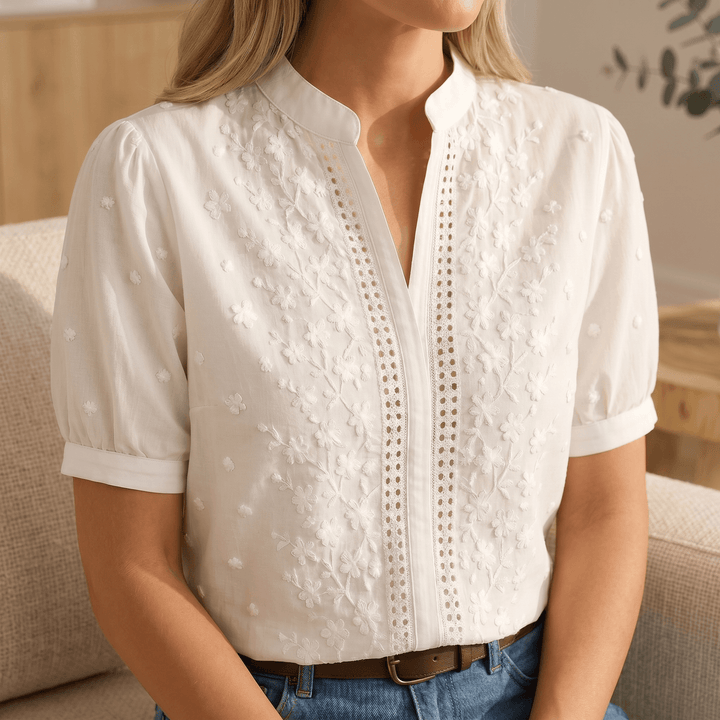 Damen Bluse mit Stickerei | Florale Details, Knopfleiste und atmungsaktiver Stoff für Alltag, Büro und Freizeit