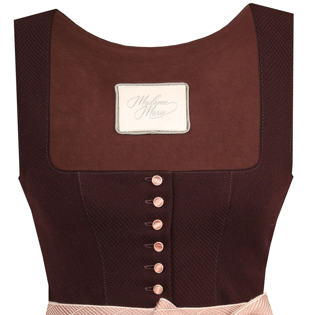 Damen Dirndl Schoko Traube | Midi Trachtenkleid mit Balkonett-Ausschnitt, Zierknöpfen und 75 cm Rocklänge