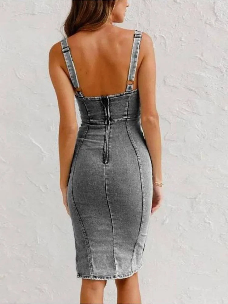 Damen Denim Kleid mit verstellbaren Trägern | Figurbetont &amp; bequem | Zeitloser Look für Alltag &amp; Abend | Größen S–XL