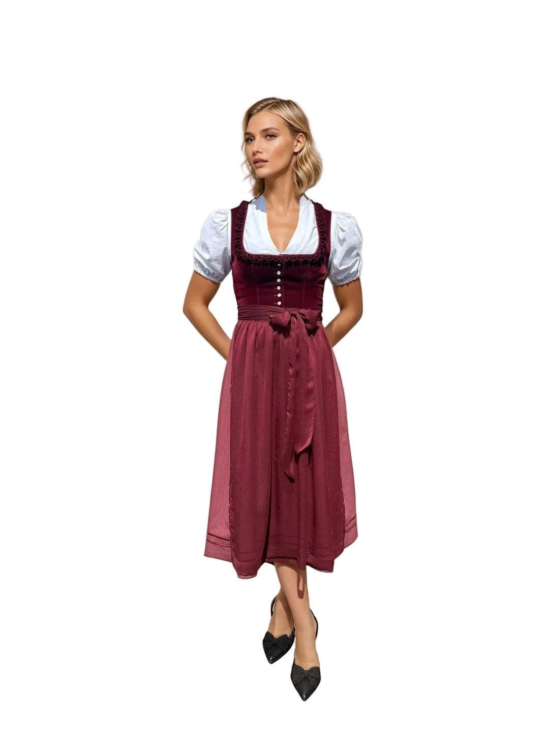 Damen Dirndl Weinrot | Midi Trachtenkleid mit Balkonett-Ausschnitt, Zierknöpfen und 70 cm Rocklänge