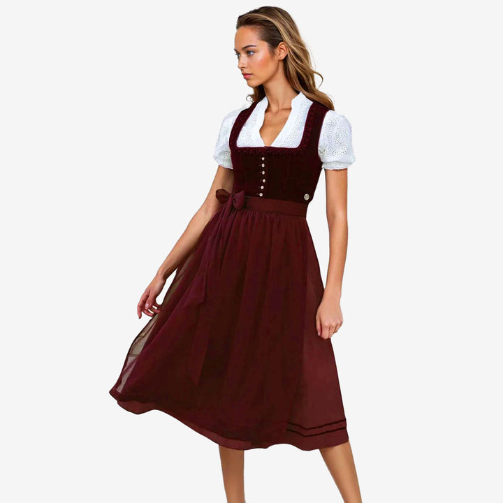 Damen Dirndl Weinrot | Midi Trachtenkleid mit Balkonett-Ausschnitt, Zierknöpfen und 70 cm Rocklänge