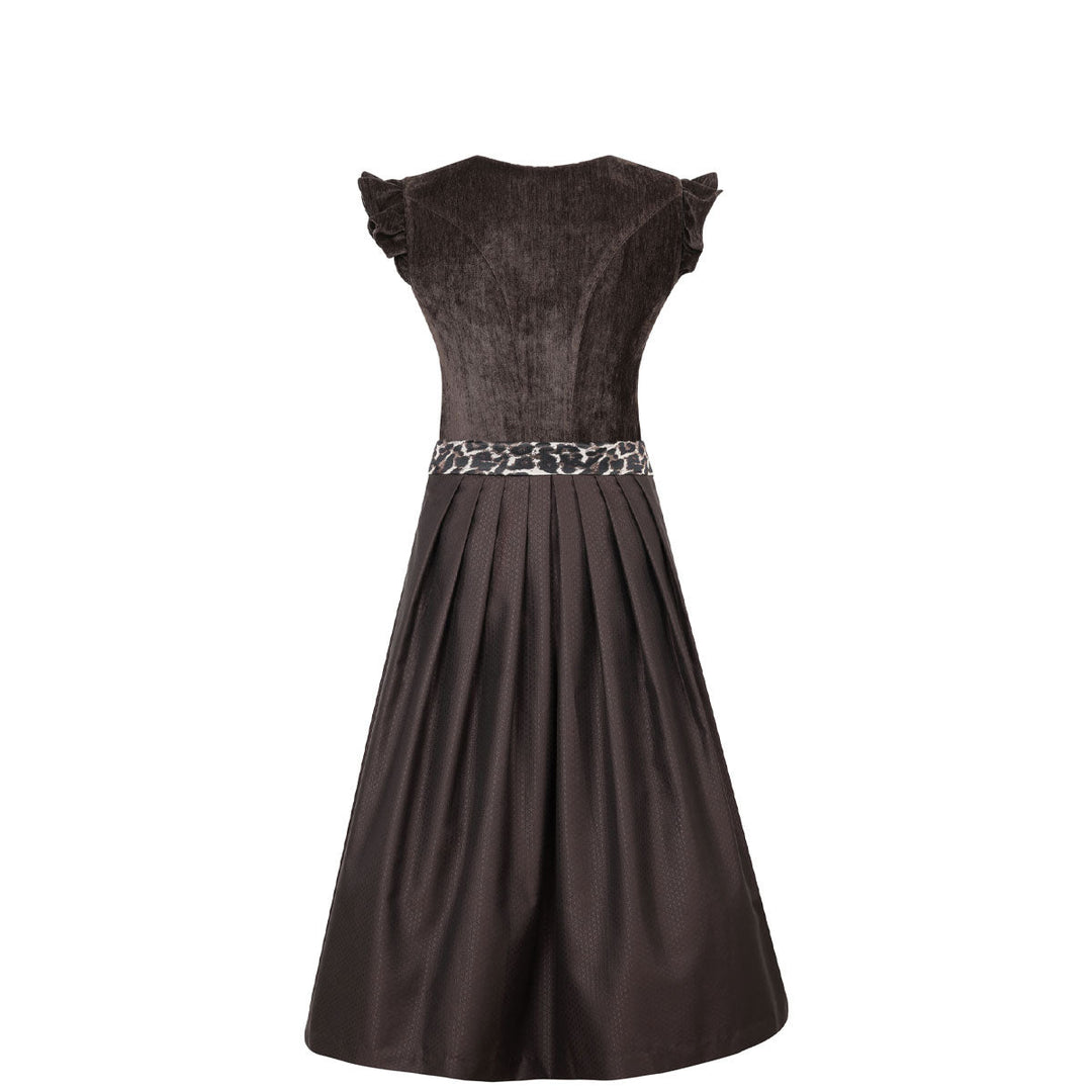 Damen Dirndl Espresso Braun | Midi Samtdirndl mit abnehmbaren Flügelärmeln, Leo-Schleife und 70 cm Rocklänge
