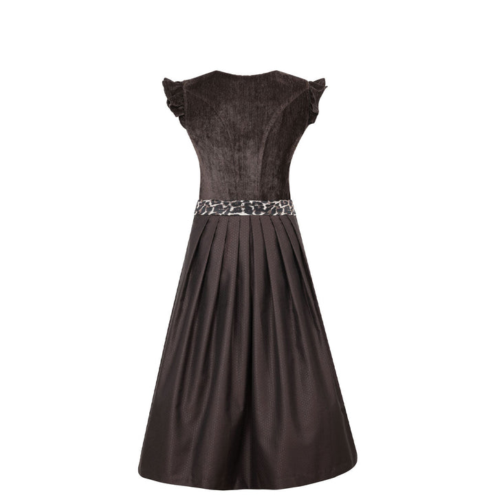 Damen Dirndl Espresso Braun | Midi Samtdirndl mit abnehmbaren Flügelärmeln, Leo-Schleife und 70 cm Rocklänge