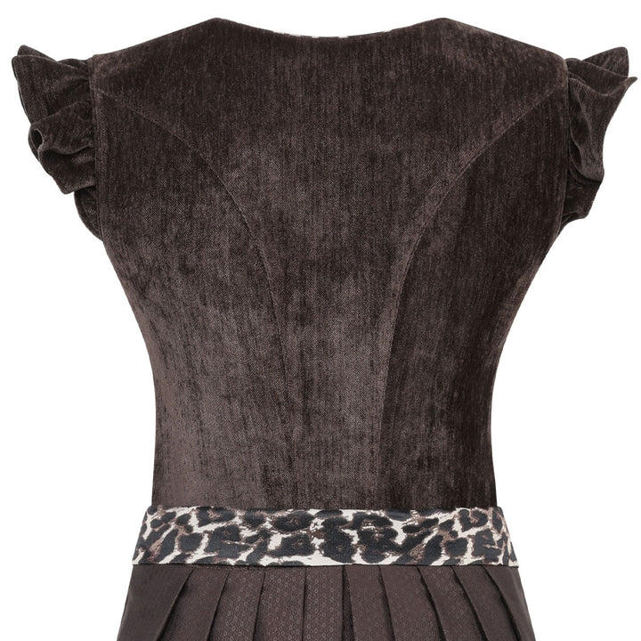 Damen Dirndl Espresso Braun | Midi Samtdirndl mit abnehmbaren Flügelärmeln, Leo-Schleife und 70 cm Rocklänge