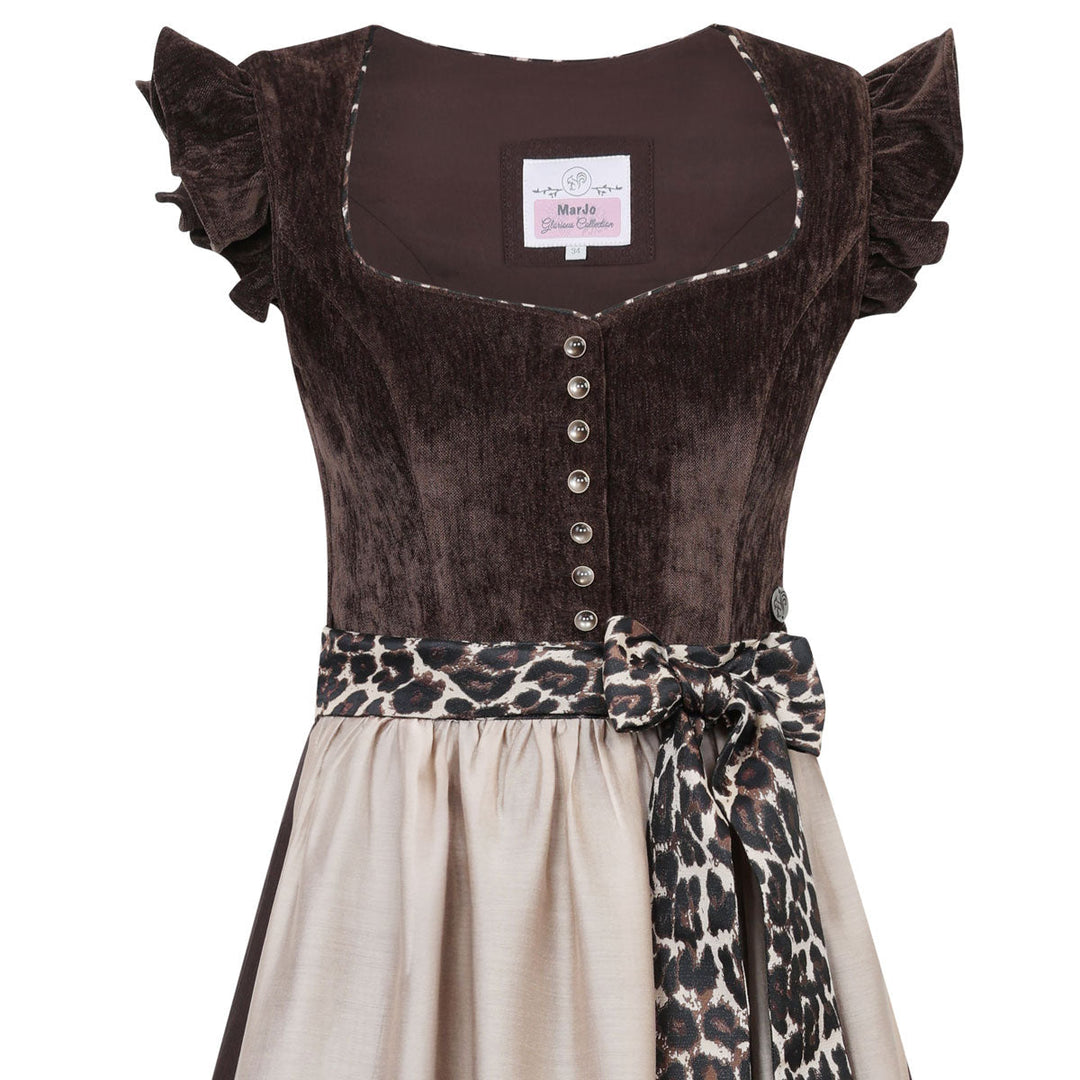Damen Dirndl Espresso Braun | Midi Samtdirndl mit abnehmbaren Flügelärmeln, Leo-Schleife und 70 cm Rocklänge