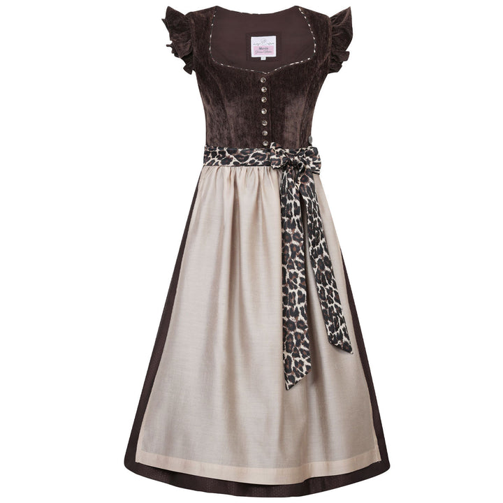 Damen Dirndl Espresso Braun | Midi Samtdirndl mit abnehmbaren Flügelärmeln, Leo-Schleife und 70 cm Rocklänge