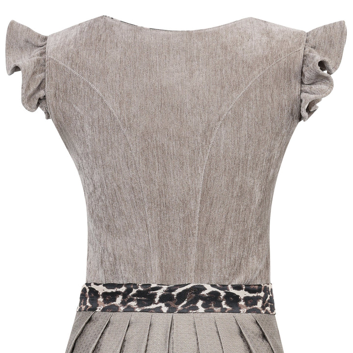 Damen Dirndl Sandbraun | Midi Samtdirndl mit abnehmbaren Flügelärmeln, Leo-Schleife und 70 cm Rocklänge