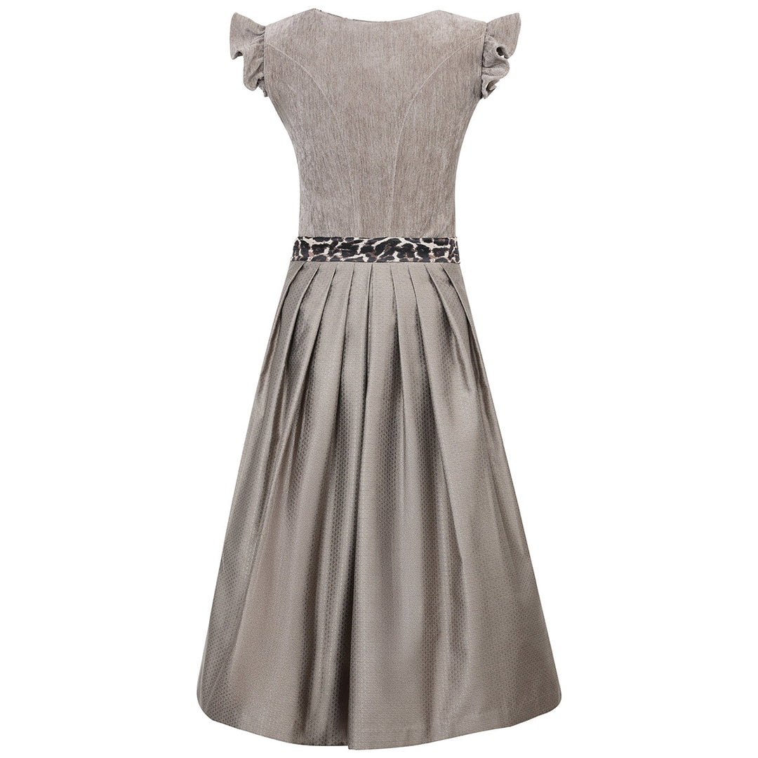 Damen Dirndl Sandbraun | Midi Samtdirndl mit abnehmbaren Flügelärmeln, Leo-Schleife und 70 cm Rocklänge