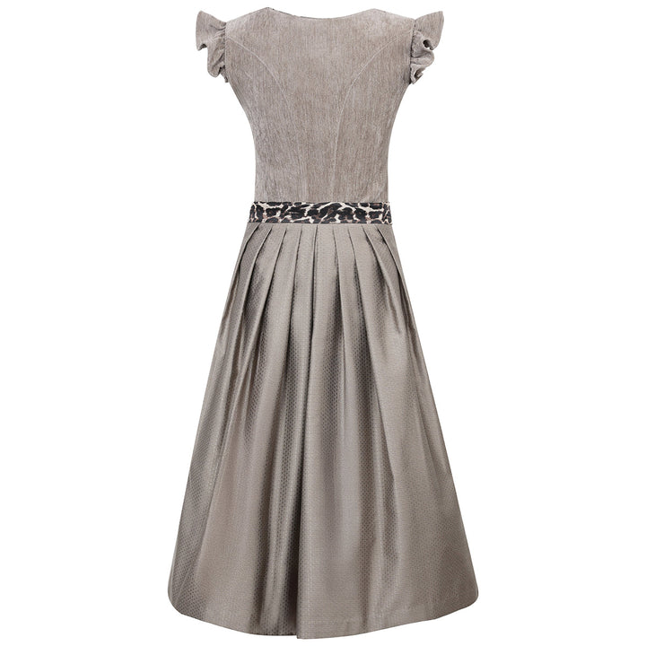 Damen Dirndl Sandbraun | Midi Samtdirndl mit abnehmbaren Flügelärmeln, Leo-Schleife und 70 cm Rocklänge