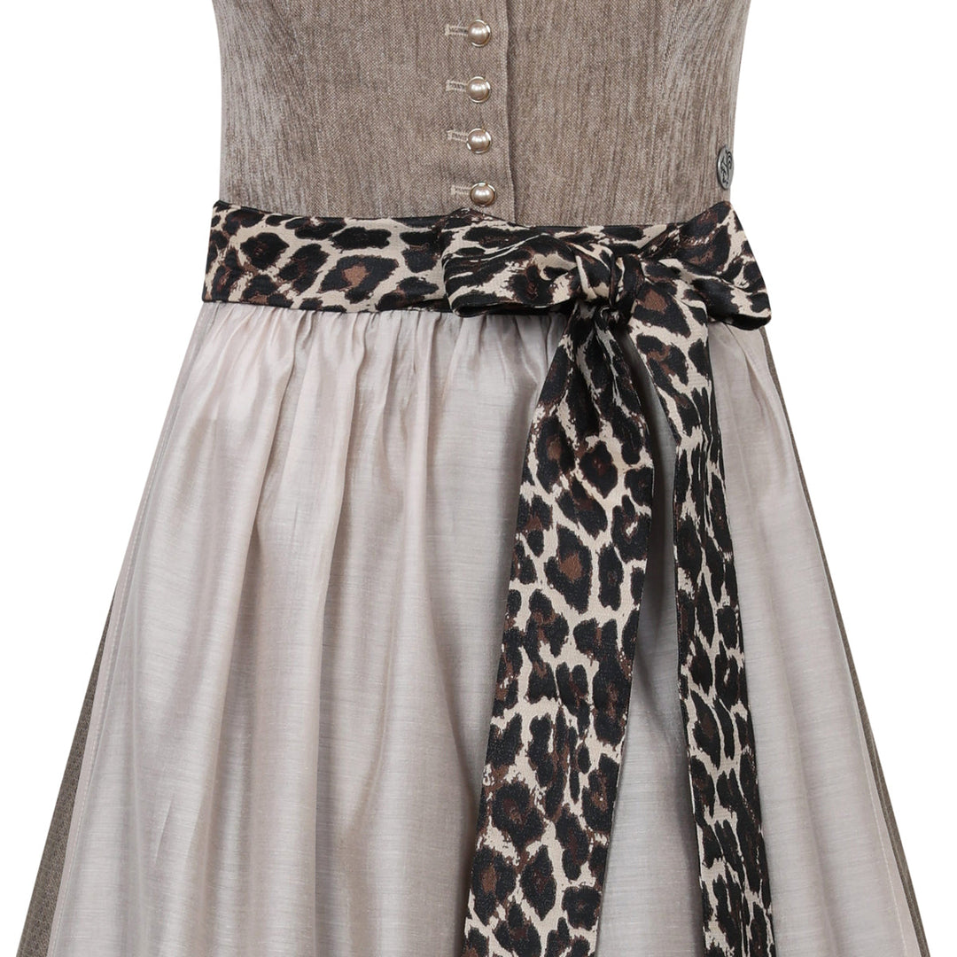 Damen Dirndl Sandbraun | Midi Samtdirndl mit abnehmbaren Flügelärmeln, Leo-Schleife und 70 cm Rocklänge