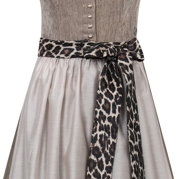 Damen Dirndl Sandbraun | Midi Samtdirndl mit abnehmbaren Flügelärmeln, Leo-Schleife und 70 cm Rocklänge