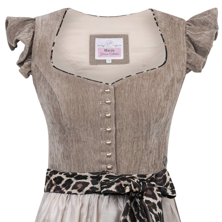 Damen Dirndl Sandbraun | Midi Samtdirndl mit abnehmbaren Flügelärmeln, Leo-Schleife und 70 cm Rocklänge