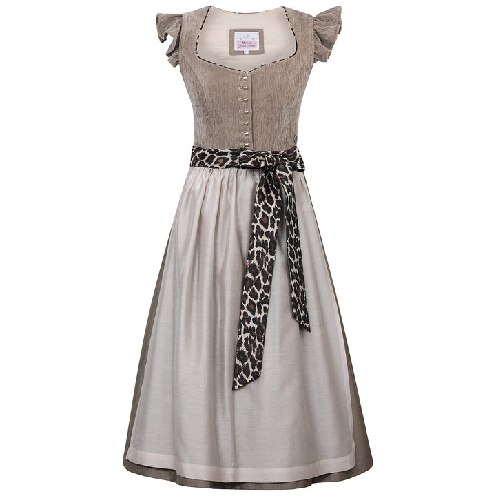 Damen Dirndl Sandbraun | Midi Samtdirndl mit abnehmbaren Flügelärmeln, Leo-Schleife und 70 cm Rocklänge