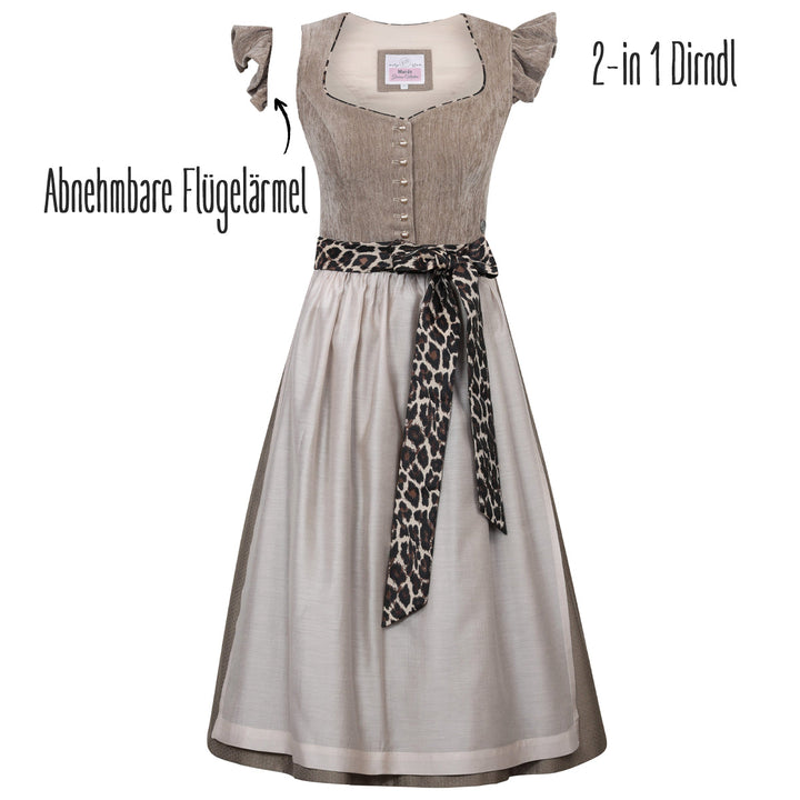 Damen Dirndl Sandbraun | Midi Samtdirndl mit abnehmbaren Flügelärmeln, Leo-Schleife und 70 cm Rocklänge