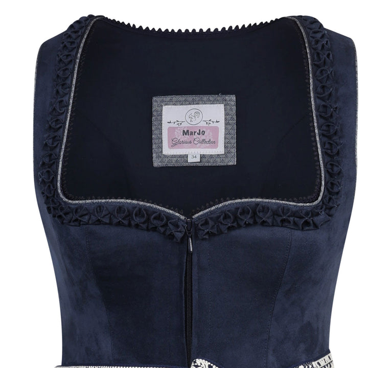 Damen Dirndl Midnight Blau | Midi Samtdirndl mit Herzausschnitt, Denim-Optik und 70 cm Rocklänge