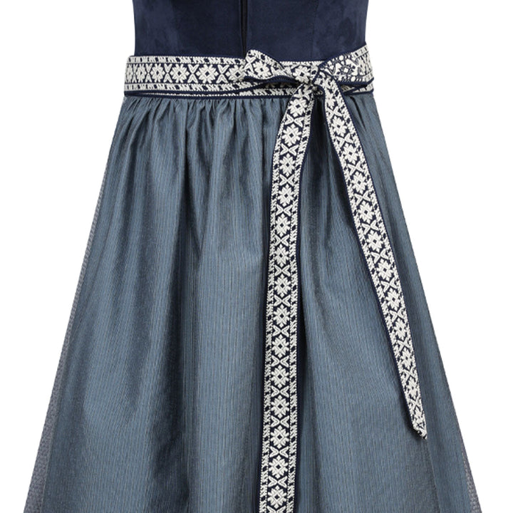 Damen Dirndl Midnight Blau | Midi Samtdirndl mit Herzausschnitt, Denim-Optik und 70 cm Rocklänge