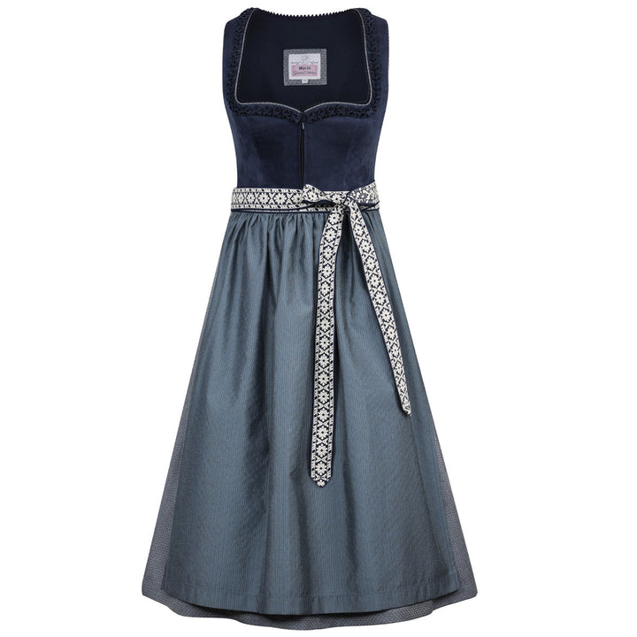 Damen Dirndl Midnight Blau | Midi Samtdirndl mit Herzausschnitt, Denim-Optik und 70 cm Rocklänge