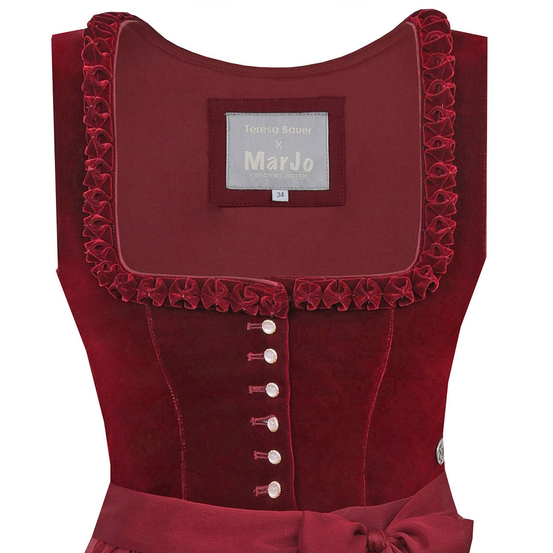 Damen Dirndl Weinrot | Midi Trachtenkleid mit Balkonett-Ausschnitt, Zierknöpfen und 70 cm Rocklänge