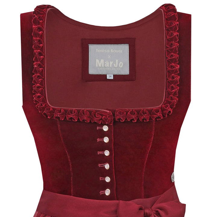 Damen Dirndl Weinrot | Midi Trachtenkleid mit Balkonett-Ausschnitt, Zierknöpfen und 70 cm Rocklänge