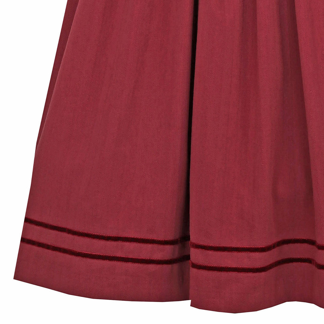 Damen Dirndl Weinrot | Midi Trachtenkleid mit Balkonett-Ausschnitt, Zierknöpfen und 70 cm Rocklänge