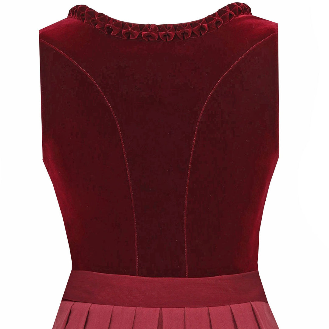 Damen Dirndl Weinrot | Midi Trachtenkleid mit Balkonett-Ausschnitt, Zierknöpfen und 70 cm Rocklänge