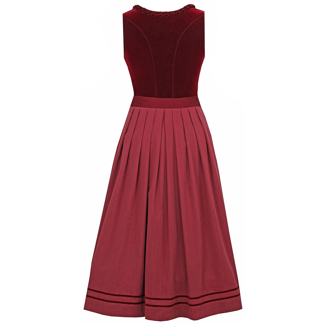Damen Dirndl Weinrot | Midi Trachtenkleid mit Balkonett-Ausschnitt, Zierknöpfen und 70 cm Rocklänge