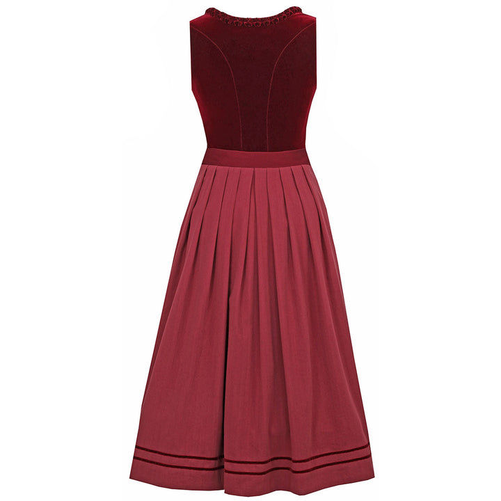 Damen Dirndl Weinrot | Midi Trachtenkleid mit Balkonett-Ausschnitt, Zierknöpfen und 70 cm Rocklänge