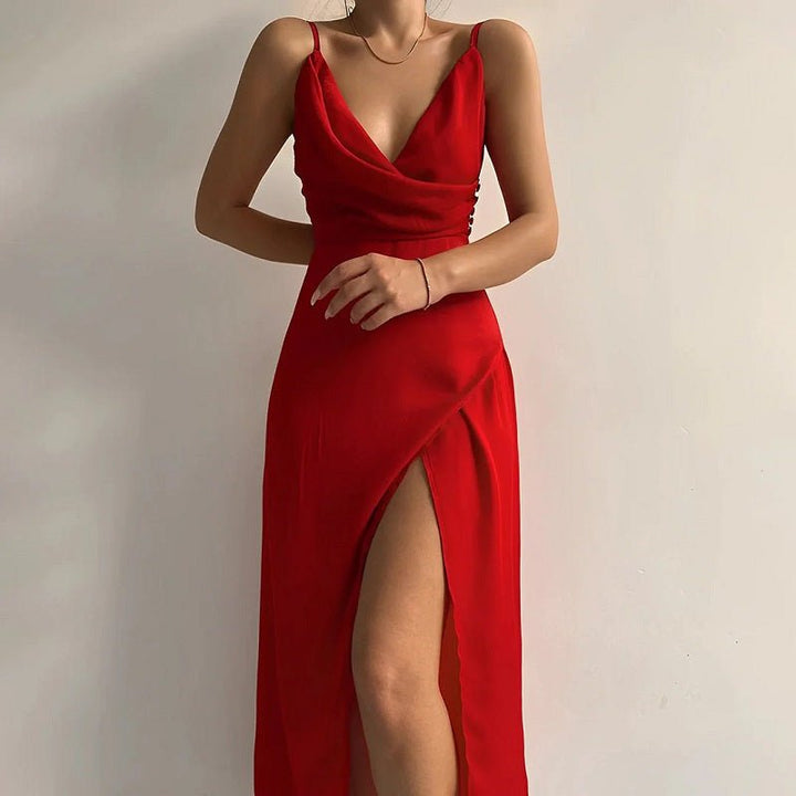 Robe longue élégante pour femmes | Décolleté en V, coupe ajustée | Fente à la cuisse, stylée pour le soir et les occasions spéciales