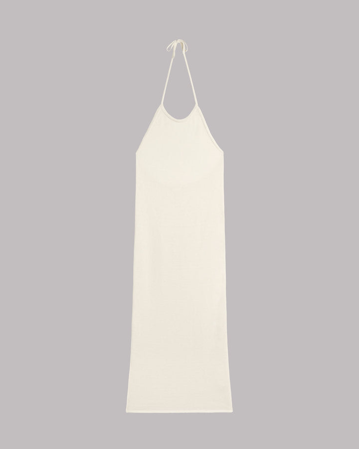 Damen Maxikleid aus Leinen-Hanf-Mix | Weißes Neckholder-Strickkleid mit offenem Rücken | Sommerkleid