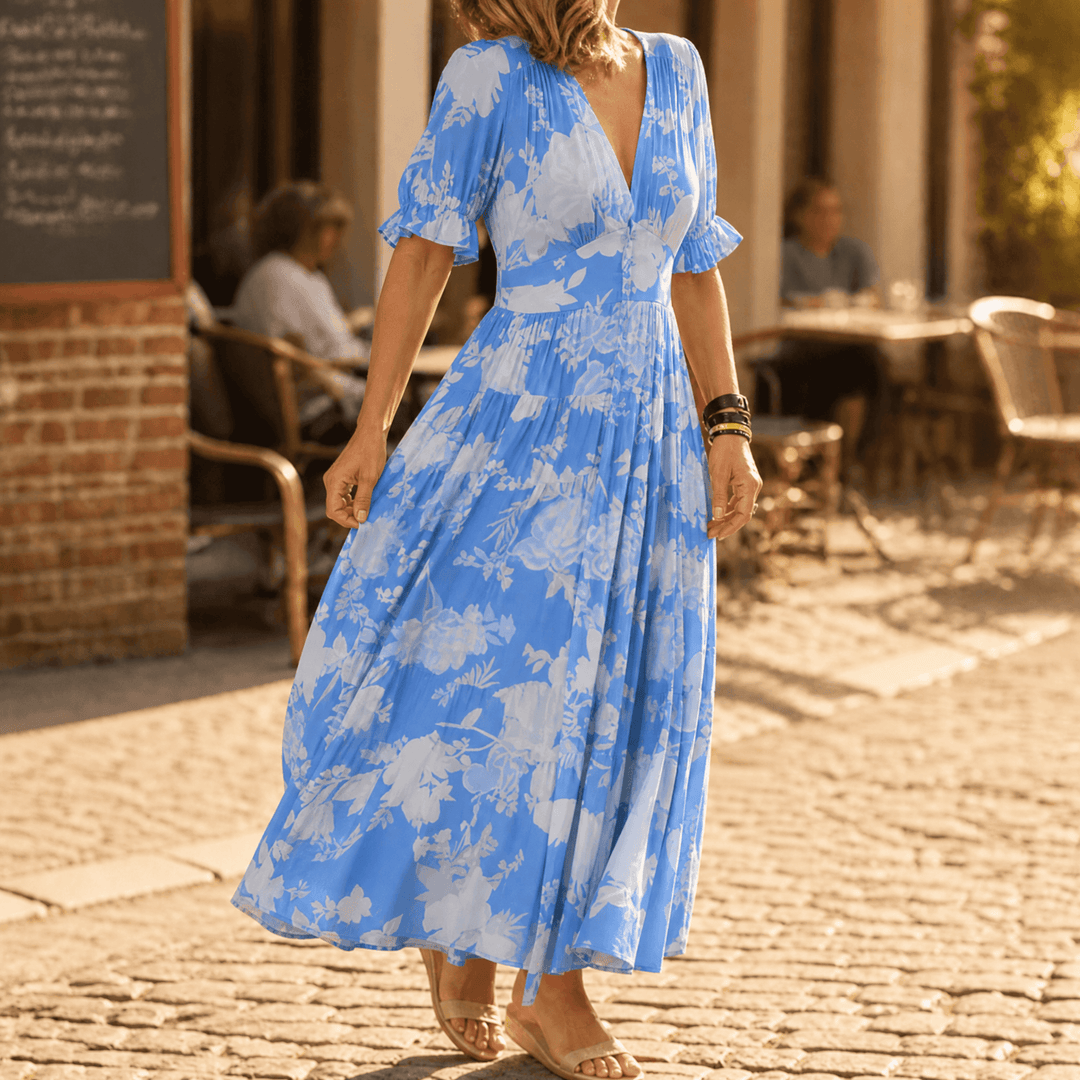 Damen Maxikleid mit Blumenmuster &amp; V-Ausschnitt | Tailliert mit stufigem Rock | Leicht, knitterarm, S–3XL
