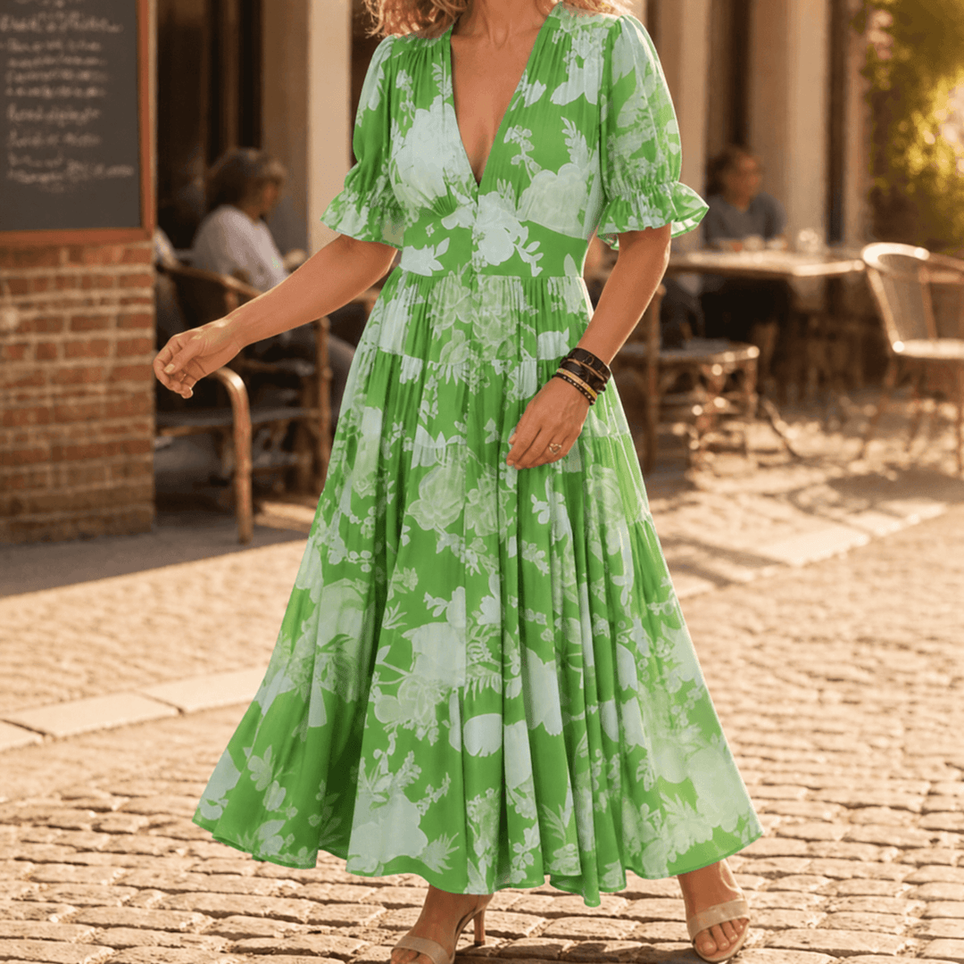 Damen Maxikleid mit Blumenmuster &amp; V-Ausschnitt | Tailliert mit stufigem Rock | Leicht, knitterarm, S–3XL