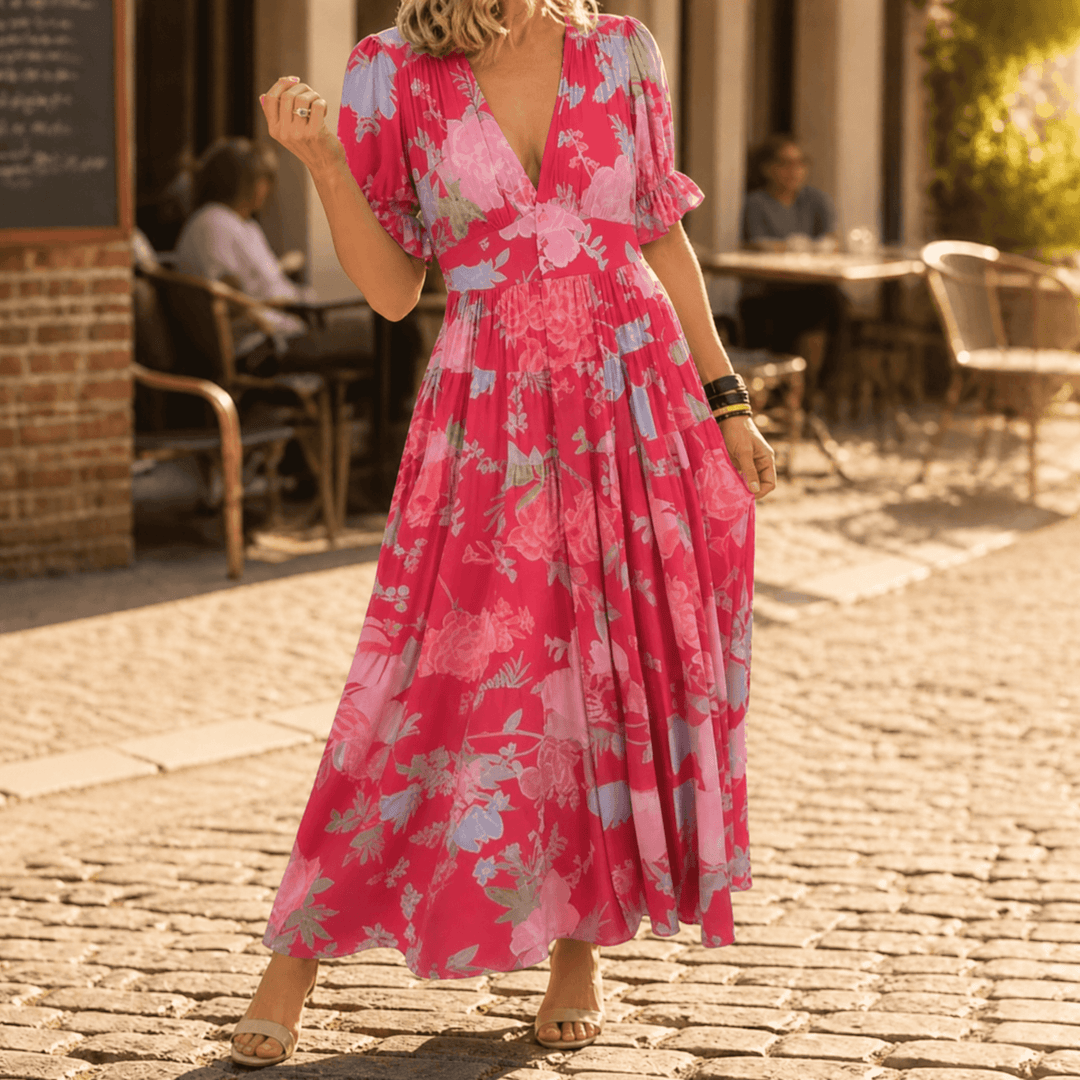 Damen Maxikleid mit Blumenmuster &amp; V-Ausschnitt | Tailliert mit stufigem Rock | Leicht, knitterarm, S–3XL