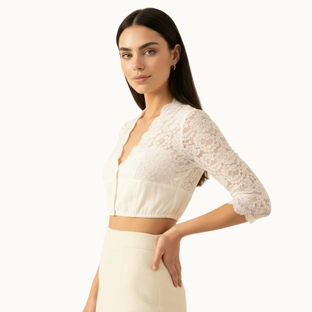 Dirndlbluse Damen mit Spitze | 3/4-Arm, V-Ausschnitt und Knopfleiste | Stretch-Spitze für vielseitige Trachten-Looks