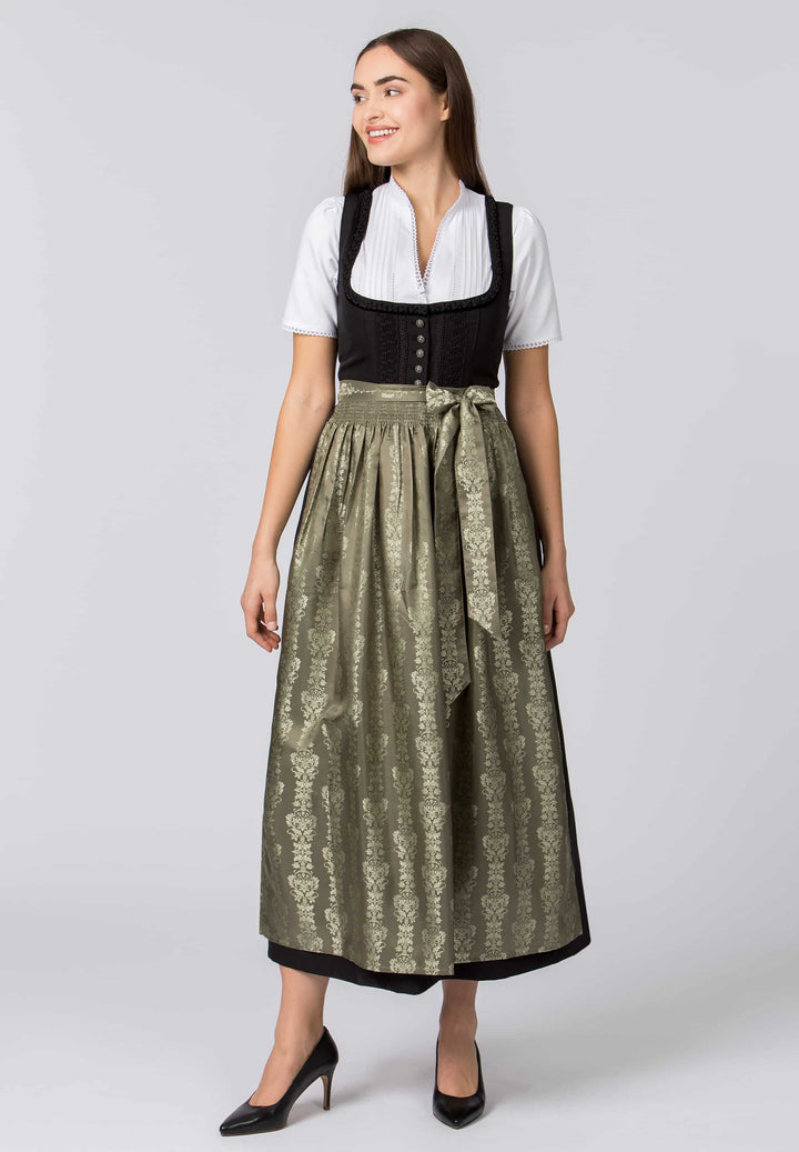 Dirndlschürze 96 cm | Moosgrüne Trachtenschürze mit eingewebtem Muster für lange Dirndl und festliche Anlässe