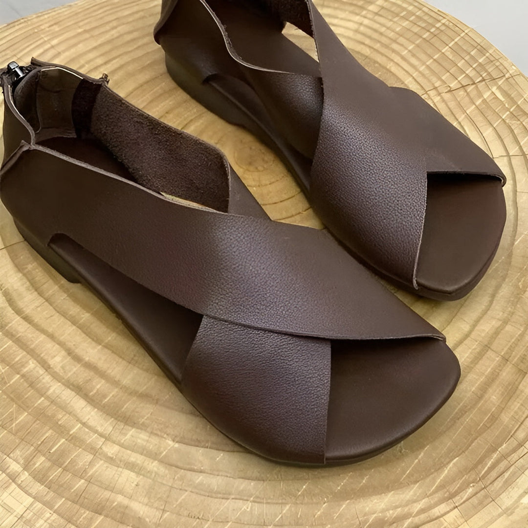 Damen Sandalen mit Fußbett | Gepolstert &amp; stabil für Alltag | Gekreuzte Riemen + Knöchelreißverschluss, rutschfest