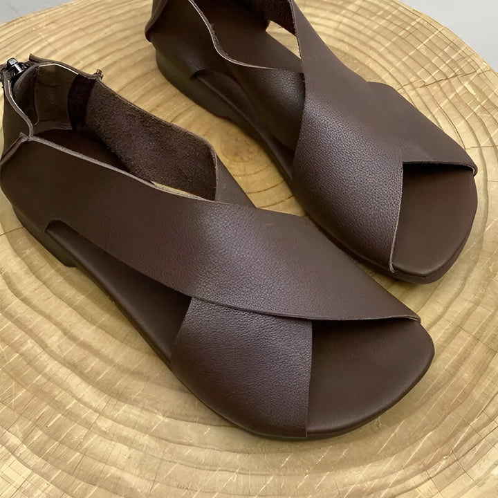 Damen Sandalen mit Fußbett | Gepolstert &amp; stabil für Alltag | Gekreuzte Riemen + Knöchelreißverschluss, rutschfest