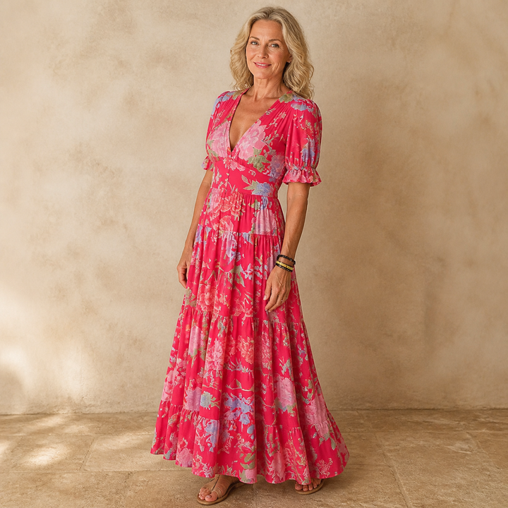 Damen Maxikleid mit Blumenmuster &amp; V-Ausschnitt | Tailliert mit stufigem Rock | Leicht, knitterarm, S–3XL