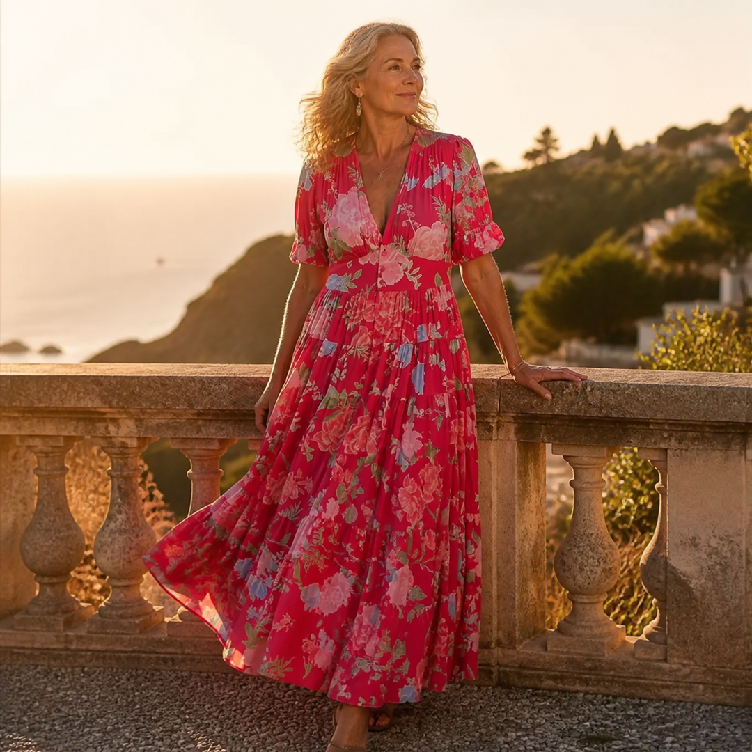 Damen Maxikleid mit Blumenmuster &amp; V-Ausschnitt | Tailliert mit stufigem Rock | Leicht, knitterarm, S–3XL