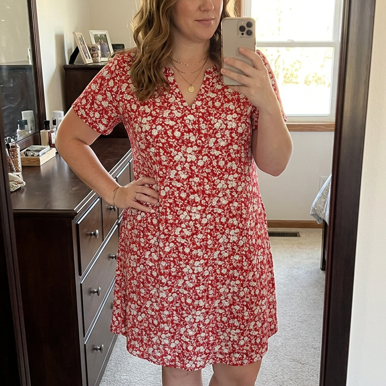 Damen Kleid mit V-Ausschnitt &amp; Blumenmuster | A-Linie mit Taschen | Knielang, weich fallend, Büro &amp; Kirche