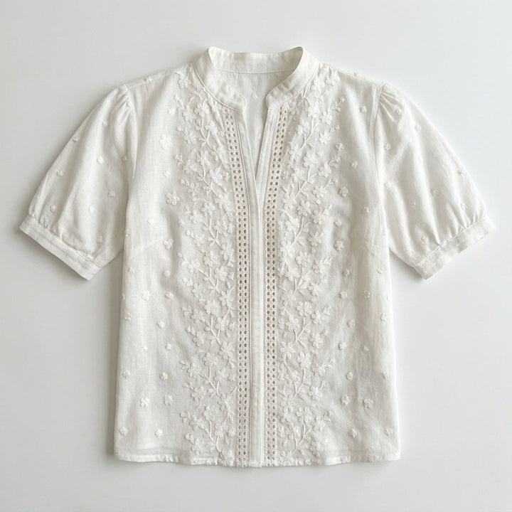 Damen Bluse mit Stickerei | Florale Details, Knopfleiste und atmungsaktiver Stoff für Alltag, Büro und Freizeit