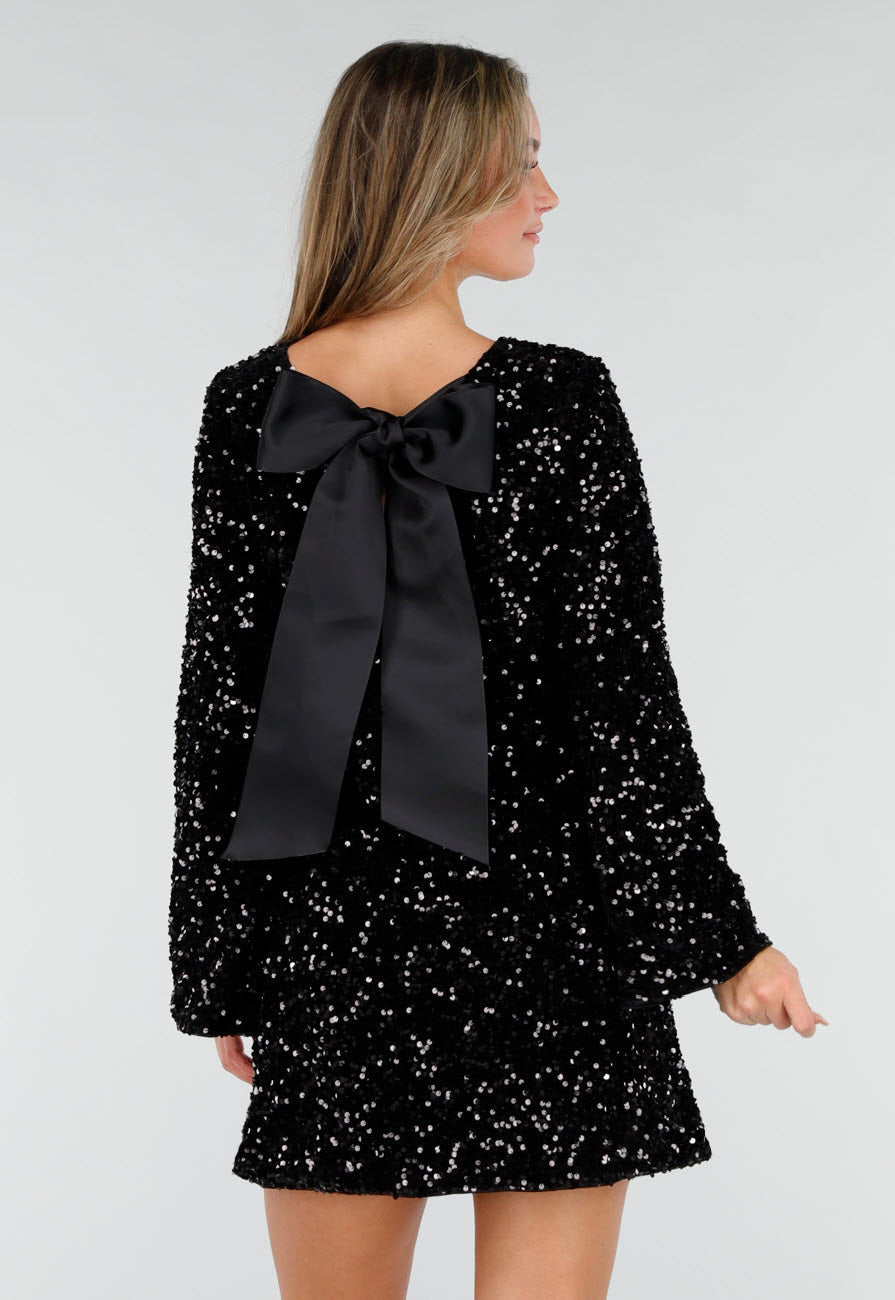 Damen Paillettenkleid | Elegantes Partykleid mit großer Satinschleife am Rücken, langen Ärmeln und geradem Schnitt für festliche Anlässe
