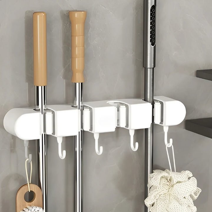 Wandhalterung für Besen &amp; Mopps ohne Bohren | GripMaster hält Stiele bis 2,8 cm sicher | Schlank, ABS, Grau/Weiß