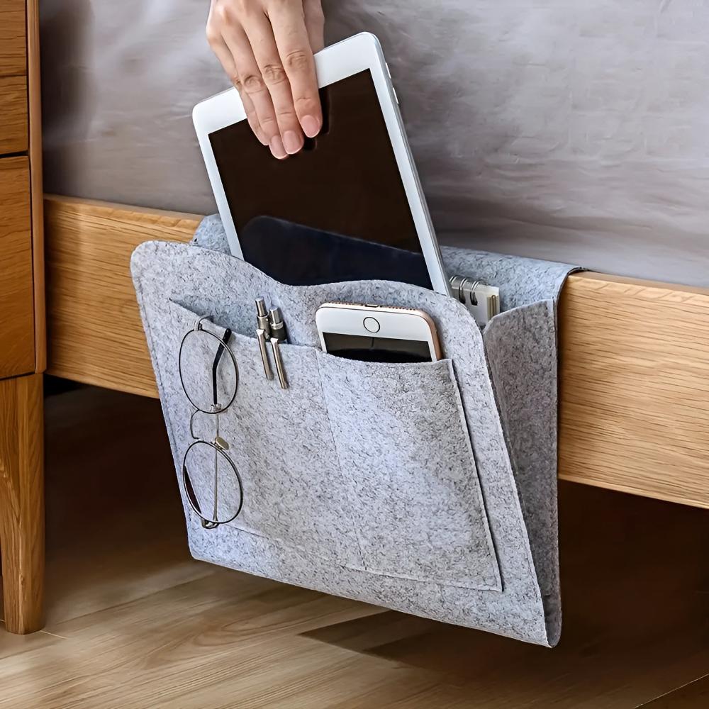 Felt bed organizer | Stylish &amp; functional | Books, tablet &amp; accessories within reach