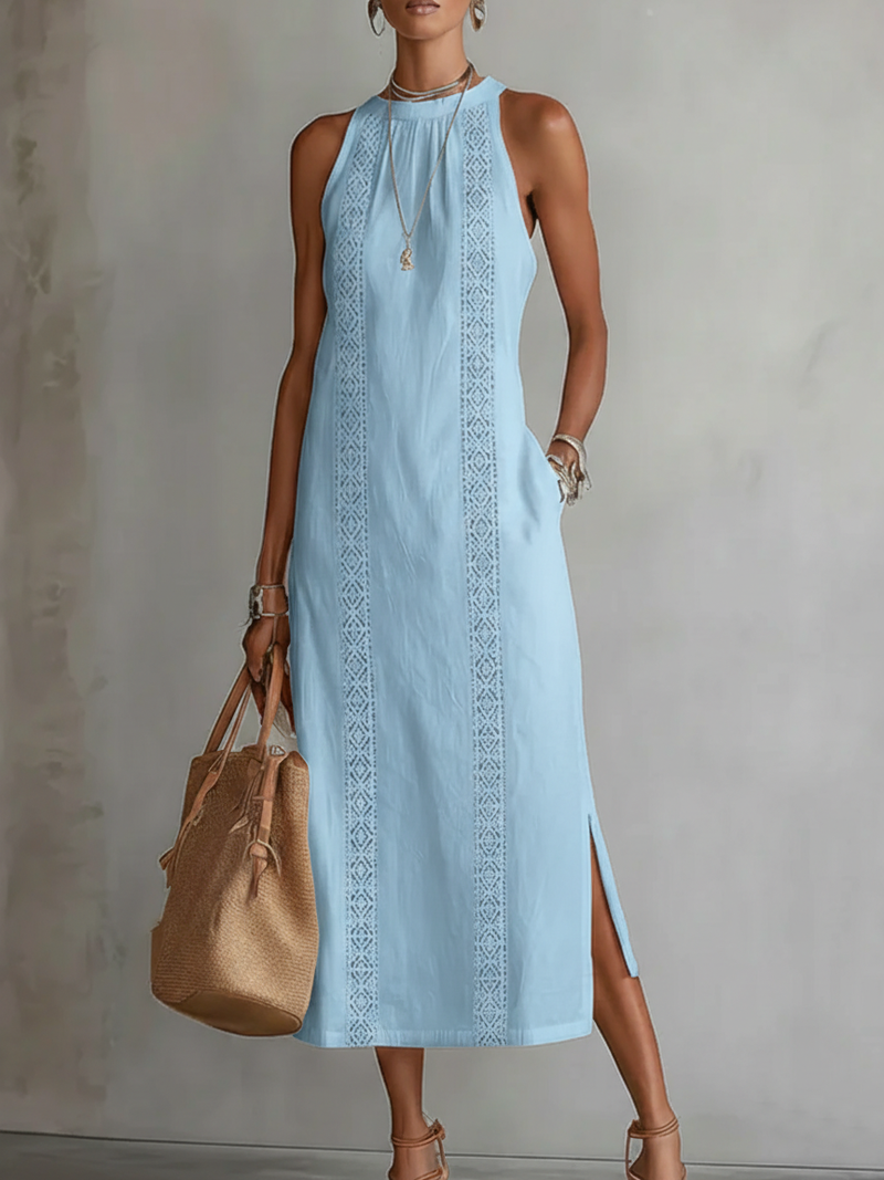 DEVINDI Leinen Midi-Kleid mit Stehkragen &amp; Seitenschlitz | Ärmellos, atmungsaktiv &amp; leicht | Minimalistisch für Alltag &amp; Reise