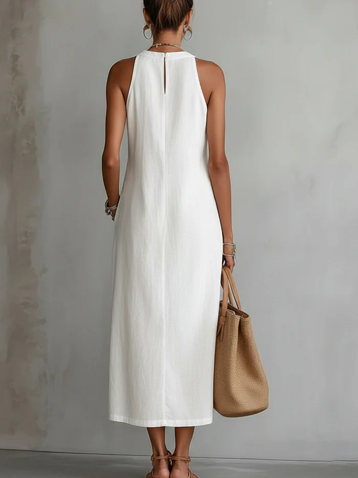 DEVINDI Leinen Midi-Kleid mit Stehkragen &amp; Seitenschlitz | Ärmellos, atmungsaktiv &amp; leicht | Minimalistisch für Alltag &amp; Reise