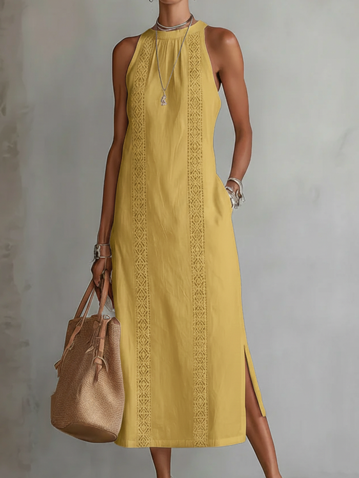 DEVINDI Leinen Midi-Kleid mit Stehkragen &amp; Seitenschlitz | Ärmellos, atmungsaktiv &amp; leicht | Minimalistisch für Alltag &amp; Reise