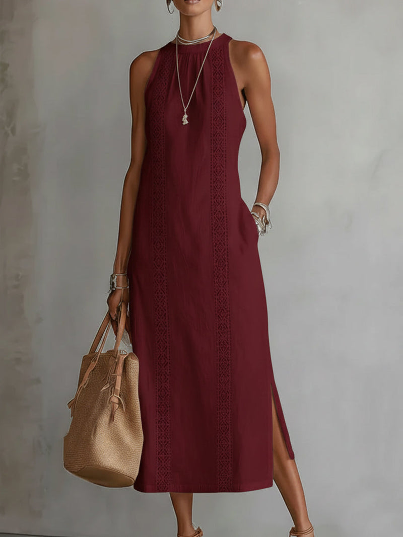 DEVINDI Leinen Midi-Kleid mit Stehkragen &amp; Seitenschlitz | Ärmellos, atmungsaktiv &amp; leicht | Minimalistisch für Alltag &amp; Reise