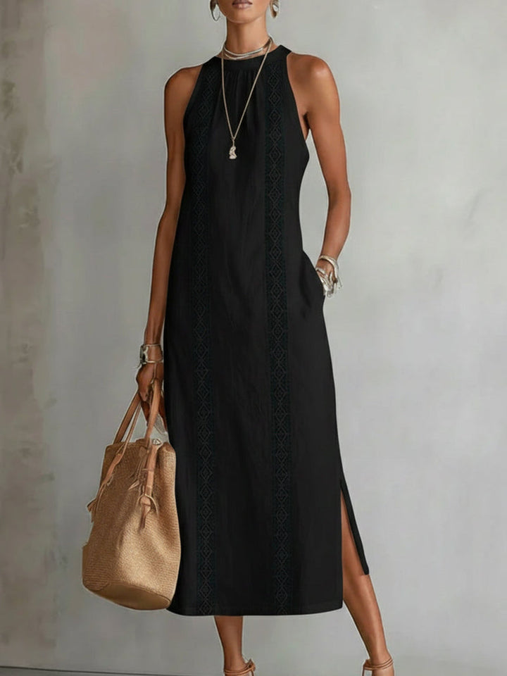 DEVINDI Leinen Midi-Kleid mit Stehkragen &amp; Seitenschlitz | Ärmellos, atmungsaktiv &amp; leicht | Minimalistisch für Alltag &amp; Reise