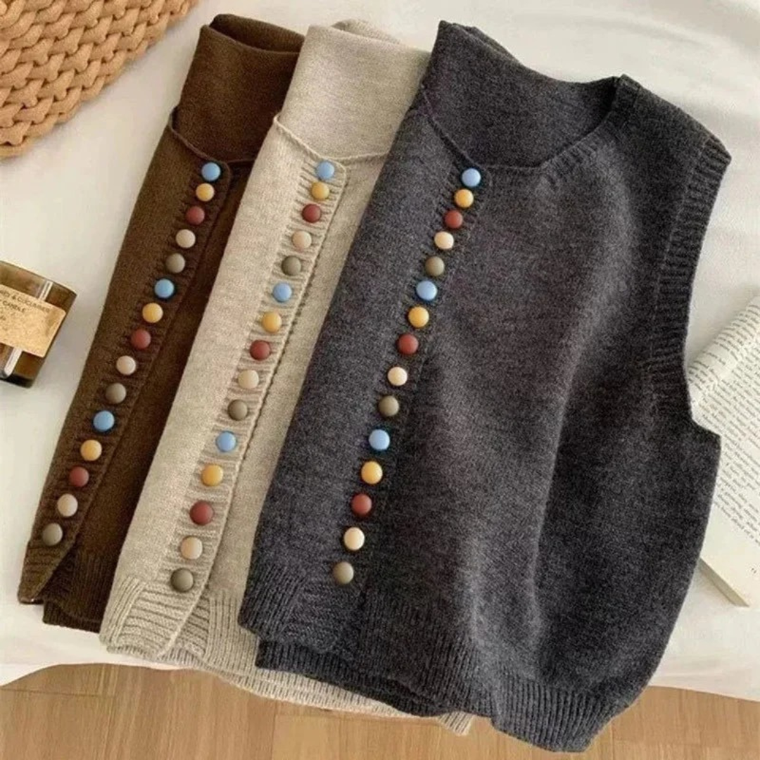Damen Strickweste mit bunten Knöpfen | Ärmellose Strickjacke mit U-Ausschnitt und Knopfleiste für Frühling und Herbst