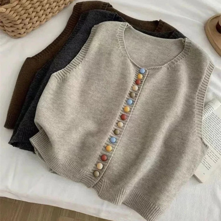 Damen Strickweste mit bunten Knöpfen | Ärmellose Strickjacke mit U-Ausschnitt und Knopfleiste für Frühling und Herbst